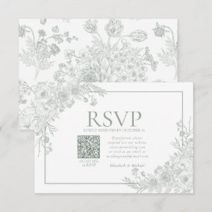 Vintage Sage Green Floral Line Art QR Code RSVP Card
