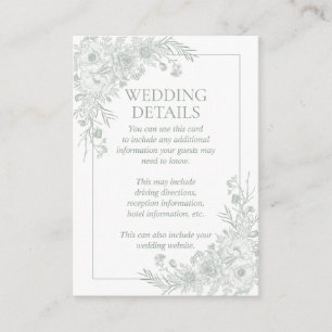 Vintage Sage Green Floral Line Art Wedding Details Enclosure Card