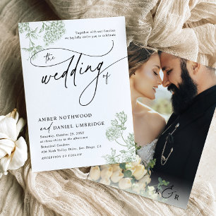 Vintage Sage Green Floral Minimalist Photo Wedding Invitation