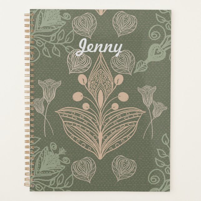 Vintage Sage Green Floral Personalised  Notebook Planner (Front)