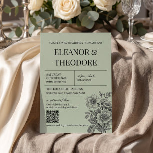 Vintage Sage Green Floral Romantic QR Code Invitation