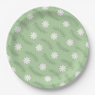 Vintage Sage Green Floral Tropical Flower Pattern Paper Plate