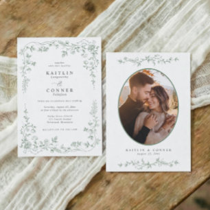 Vintage Sage Green French Floral Wedding Photo Invitation
