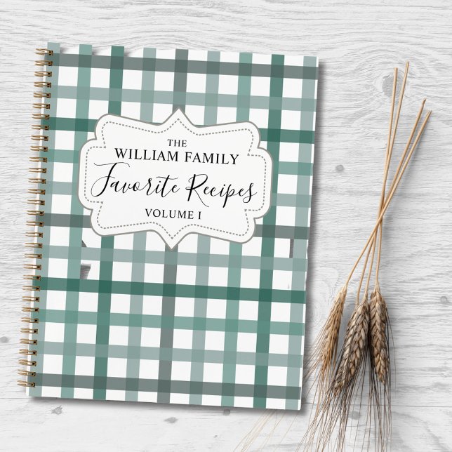 Vintage Sage Green Gingham Plaid Recipe Cookbook Notebook (In situ)