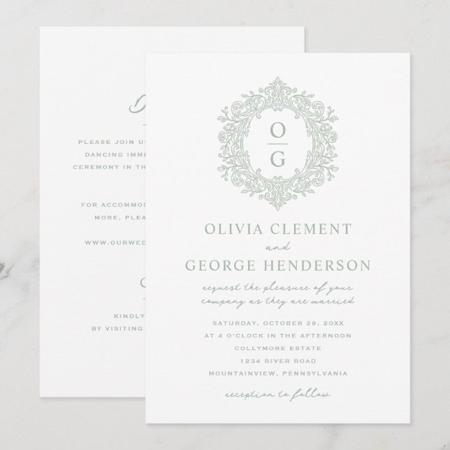 Vintage Sage Green Heirloom Crest Wedding Invitation (Front/Back)