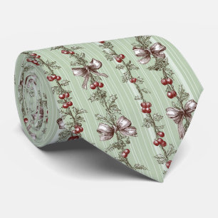 Vintage Sage Green Holly Berry Ribbon Christmas Tie