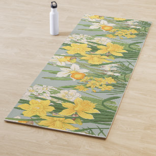 Vintage Sage Green Japanese Daffodil Floral Art Yoga Mat