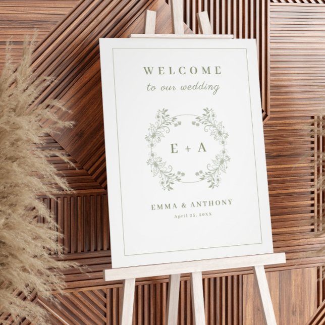 Vintage Sage Green Monogram Wedding Welcome Sign (Creator Uploaded)