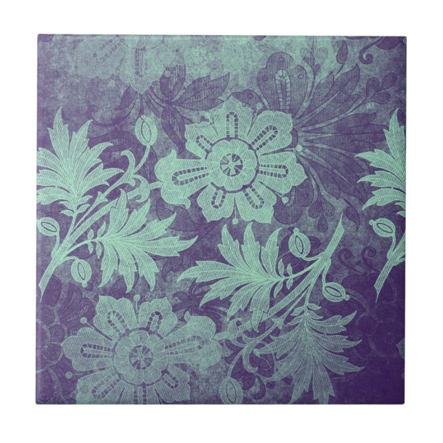 Vintage Sage Green Purple Floral Tile (Front)