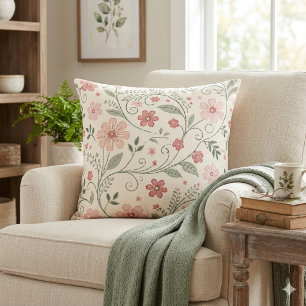 Vintage Sage Green Rose Cottagecore Floral Trail Cushion