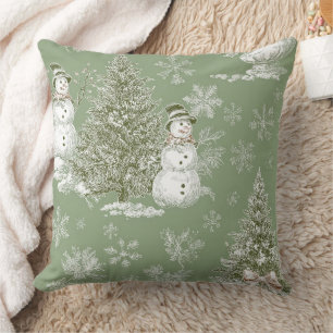 Vintage Sage Green Snowman Christmas Toile Cushion