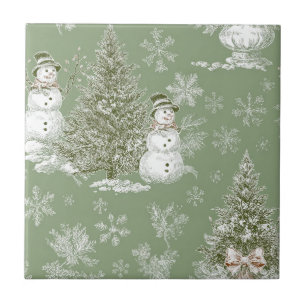 Vintage Sage Green Snowman Christmas Toile Tile