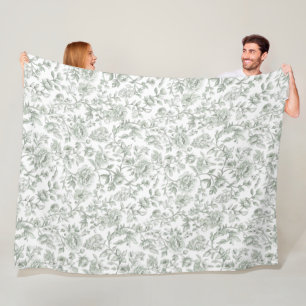 Vintage Sage Green Toile-De-Jouy Watercolor Floral Fleece Blanket