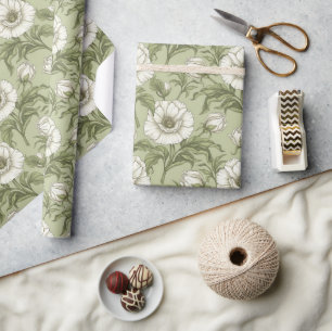 Vintage Sage Green Toile Peony Floral Botanical Wrapping Paper