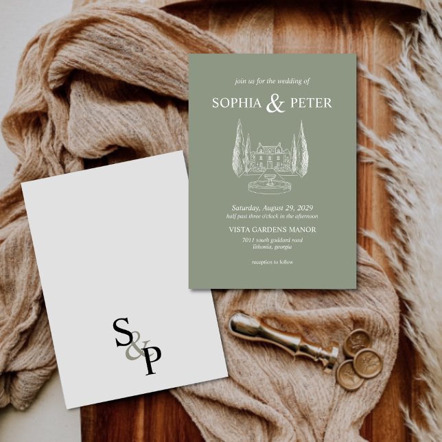 Vintage Sage Green Venue Illustration Wedding Invitation (Creator Uploaded)