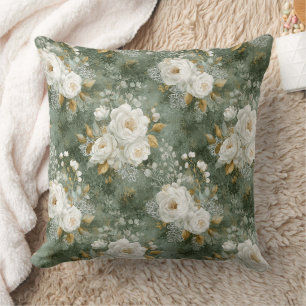 Vintage Sage Green Watercolor Rose Floral Throw Cushion