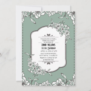 Vintage Sage Green & White Floral Derby Hat Party  Invitation