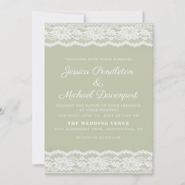 Vintage Sage Green White Lace Wedding Invitation (Front)