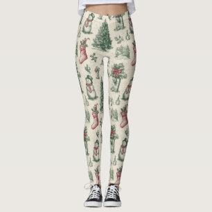 Vintage Sage Green Winter Toile Christmas (1) Leggings