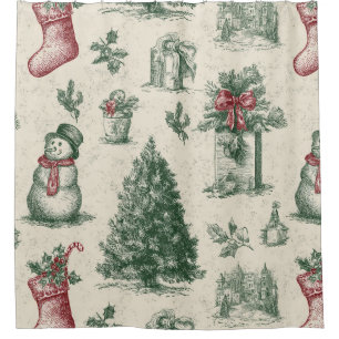 Vintage Sage Green Winter Toile Christmas (1) Shower Curtain