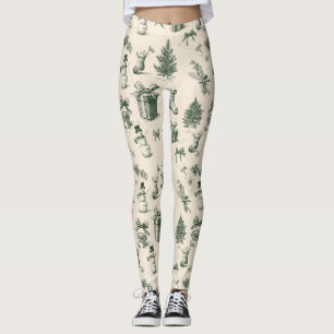Vintage Sage Green Winter Toile Christmas (2) Leggings