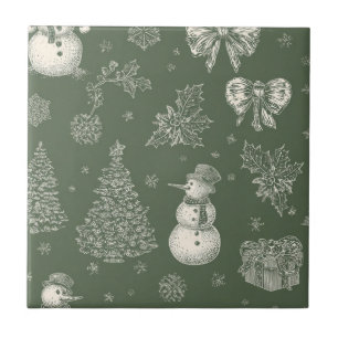 Vintage Sage Green Winter Toile Christmas (5) Tile