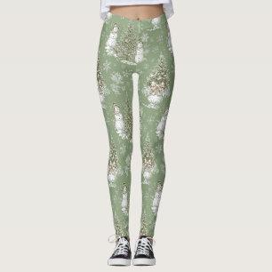 Vintage Sage Green Winter Toile Christmas (6) Leggings