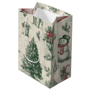 Vintage Sage Green Winter Toile Christmas Medium Gift Bag
