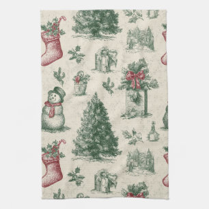 Vintage Sage Green Winter Toile Christmas Tea Towel