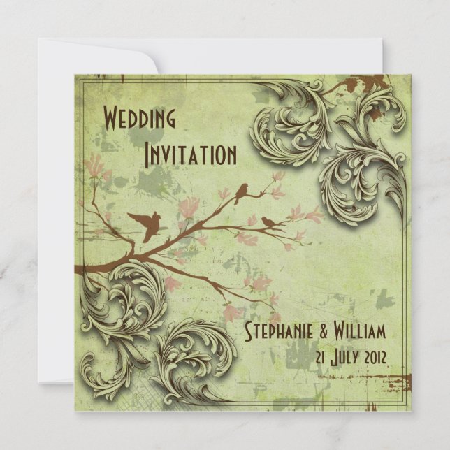 Vintage Sage Love Birds Wedding Invitation (Front)