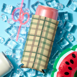 Vintage Sage Red Plaid Aesthetic Seltzer Can Cooler