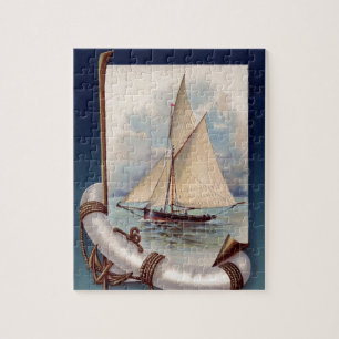 Vintage sail boat with life saver, rope and anchor jigsaw puzzle