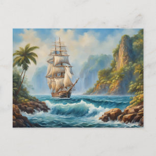 Vintage Sail Ship near Tropical Island  Postcard