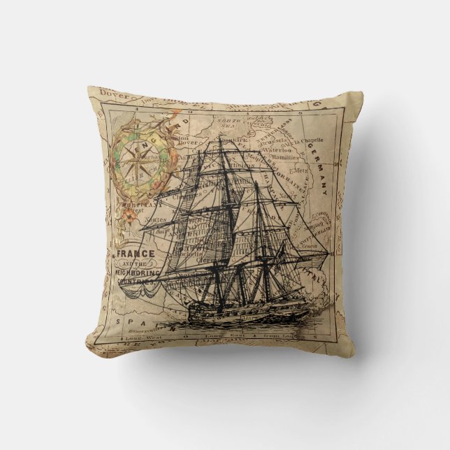 Vintage Sailboat & Compass  Cushion (Front)