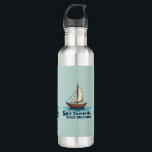 Vintage Sailboat Nautical Inspirational Quote Blue 710 Ml Water Bottle<br><div class="desc">Set sail toward your dreams with this beautifully illustrated vintage sailboat design, featuring warm wooden tones, billowing cream sails, and gentle ocean waves. The hand-drawn style gives this piece a timeless, maritime charm, perfect for lovers of adventure and the open sea. Below the boat, the phrase “Sail Towards Your Dreams”...</div>