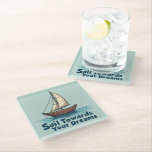 Vintage Sailboat Nautical Inspirational Quote Glass Coaster<br><div class="desc">Set sail toward your dreams with this beautifully illustrated vintage sailboat design, featuring warm wooden tones, billowing cream sails, and gentle ocean waves. The hand-drawn style gives this piece a timeless, maritime charm, perfect for lovers of adventure and the open sea. Below the boat, the phrase “Sail Towards Your Dreams”...</div>
