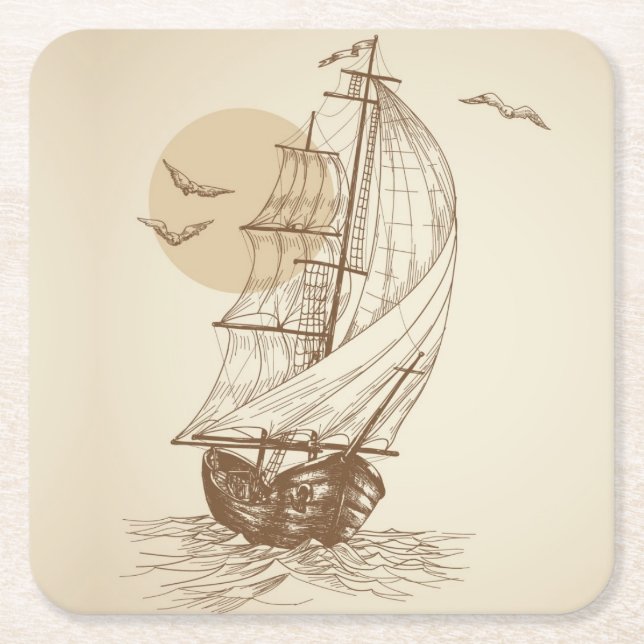 Vintage sailboat square paper coaster (Front)