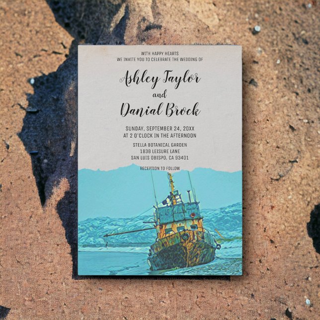 Vintage sailing boat navy destination wedding invitation (Creator Uploaded)