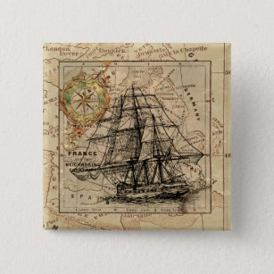 Vintage Sailing Ship and Old European Map 15 Cm Square Badge