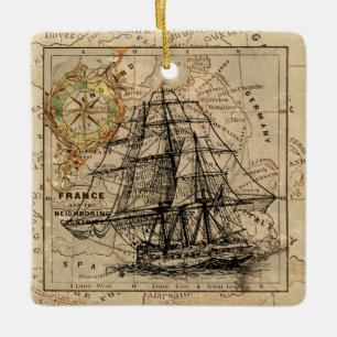 Vintage Sailing Ship and Old European Map Ceramic Tree Decoration