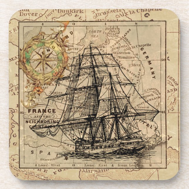 Vintage Sailing Ship and Old European Map Coaster (Front)