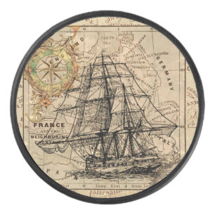 Vintage Sailing Ship and Old European Map Hockey Puck