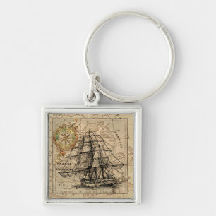 Vintage Sailing Ship and Old European Map Key Ring
