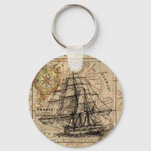 Vintage Sailing Ship and Old European Map Key Ring