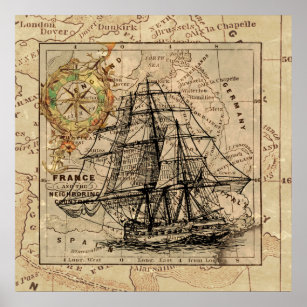 Vintage Sailing Ship and Old European Map Poster
