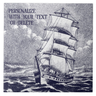 Vintage Sailing Ship Boat Nautical Drawing Navy Tile