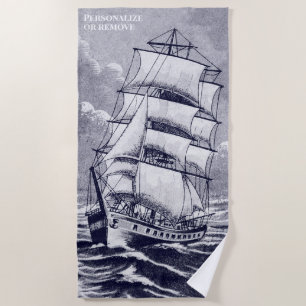 Vintage Sailing Ship Drawing Navy Black Coastal Beach Towel