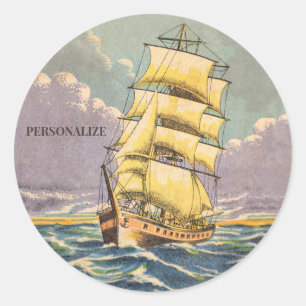 Vintage Sailing Ship Nautical Drawing Cool Coastal Classic Round Sticker