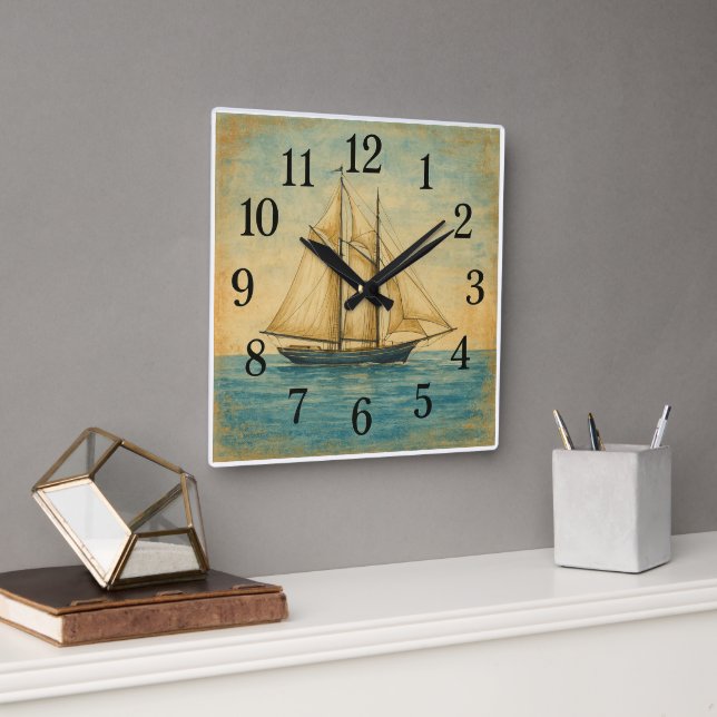 Vintage Sailing Ship Nautical Square Wall Clock (Office)