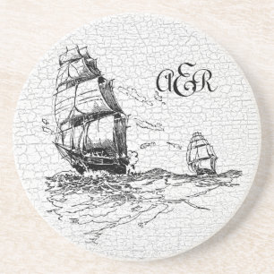 Vintage Sailing Ships Personalised Crackled Coaster